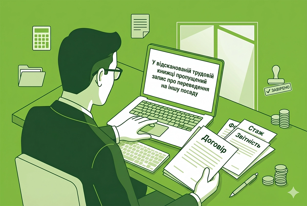 У відсканованій трудовій пропущений запис про переведення на іншу посаду: дії працівника