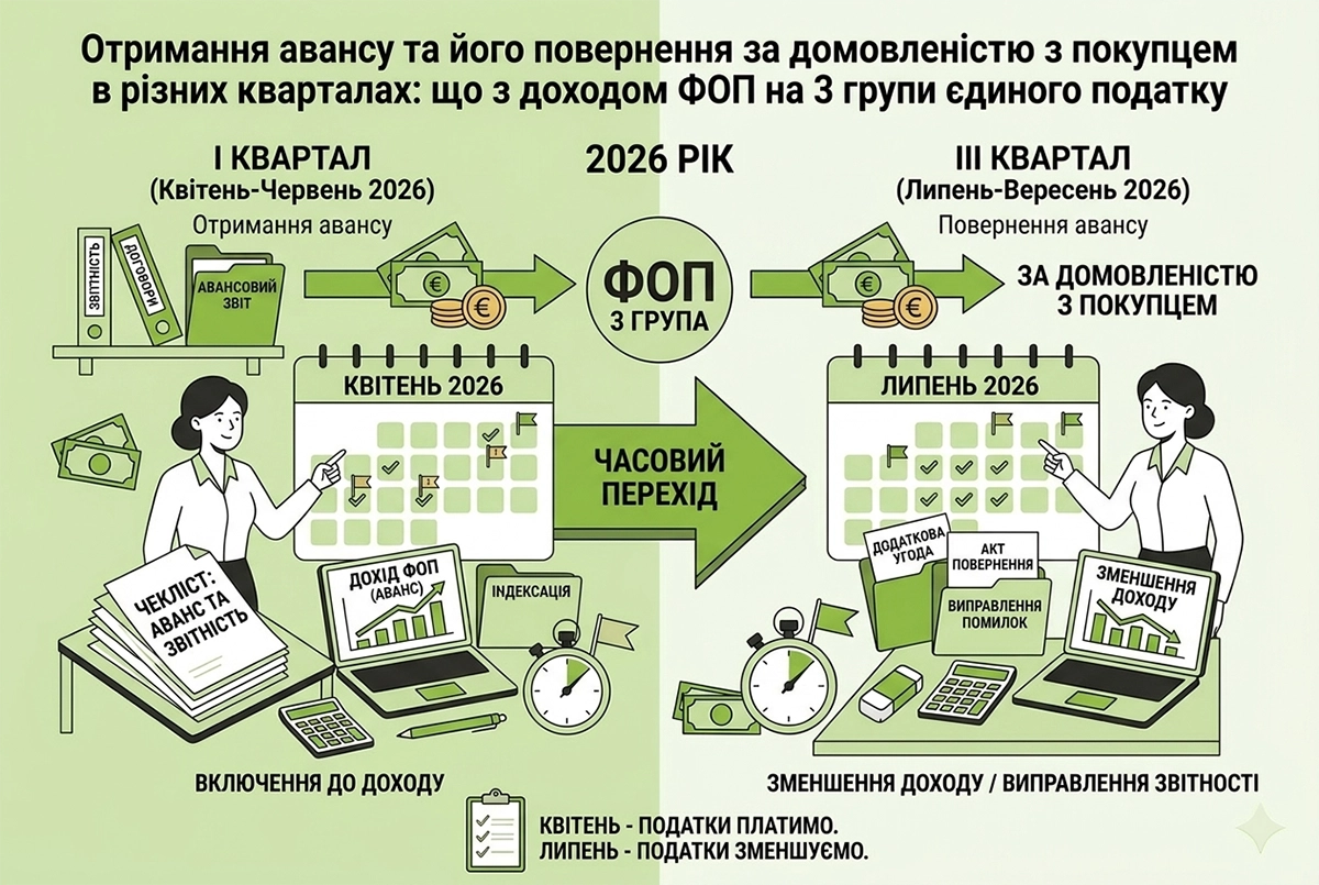 Отримання авансу та його повернення в різних кварталах: що з доходом ФОПа на 3 групі єдиного податку