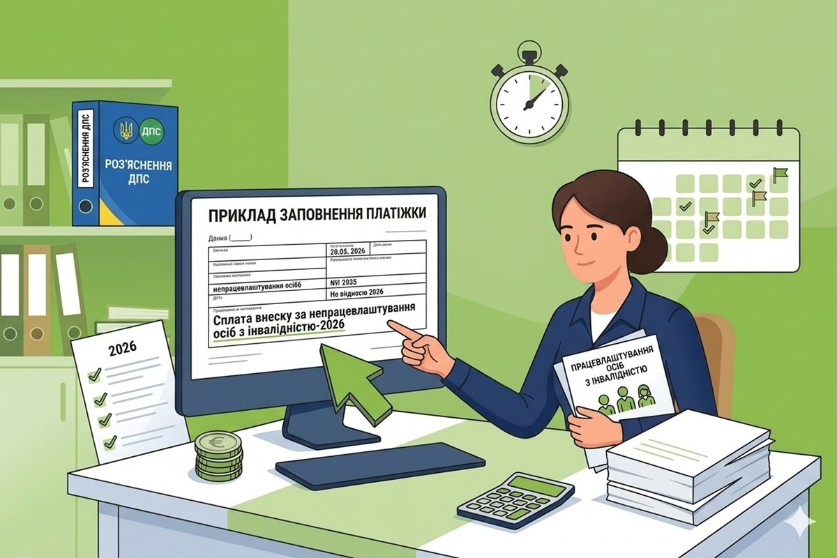 Сплата внеску за непрацевлаштування осіб з інвалідністю-2026: приклад заповнення платіжки від ДПС