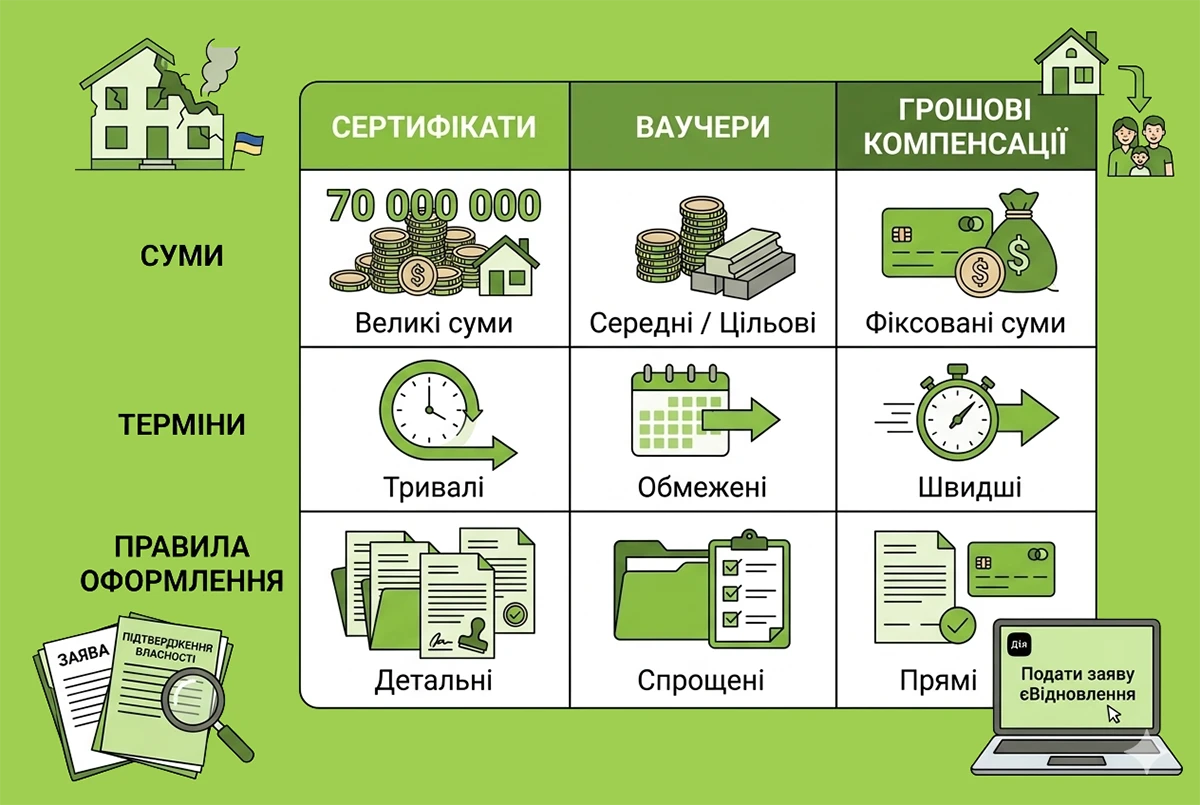 єВідновлення: чим відрізняються житловий сертифікат, ваучер та компенсація