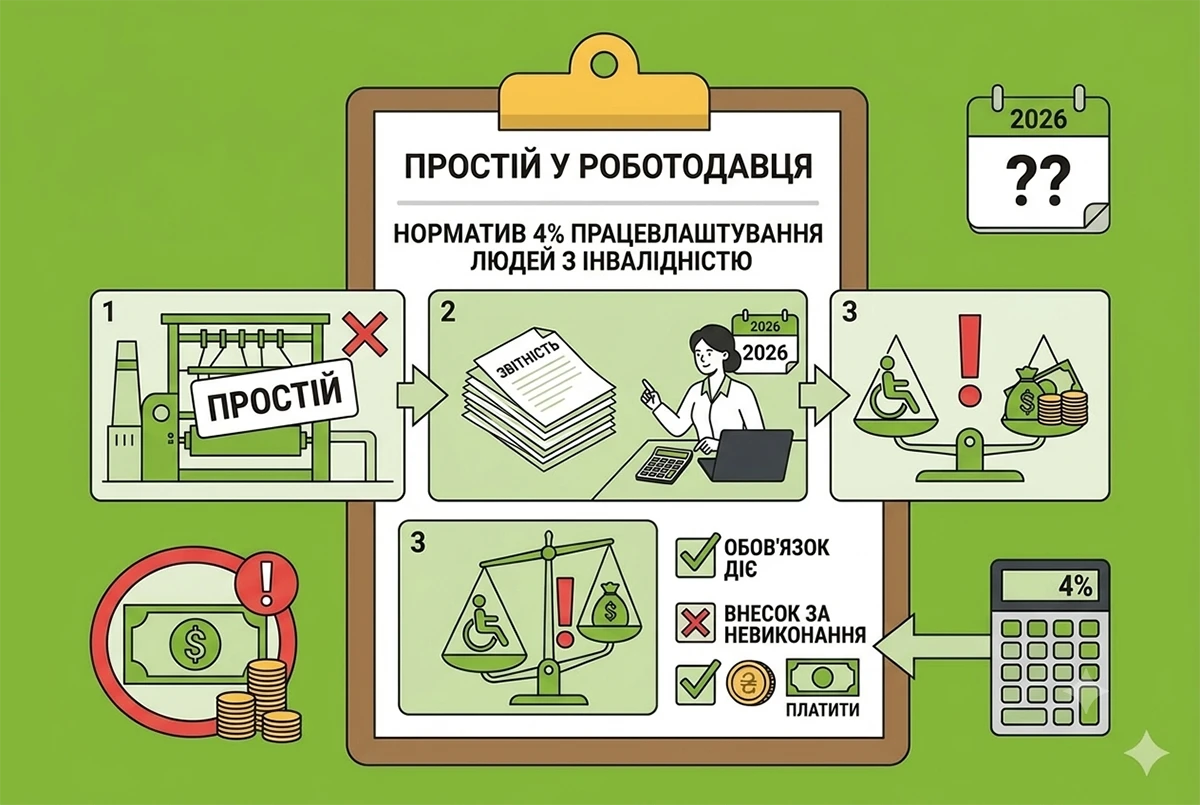 Простій у роботодавця у 2026: що зі сплатою внеску за невиконання нормативу 4% працевлаштування «інвалідів»