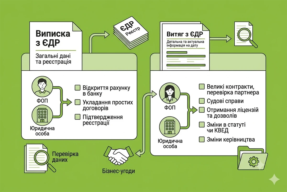 Виписка чи Витяг з ЄДР для ФОПа і ЮО – 2026: у чому різниця, як отримати онлайн та коли який документ потрібен