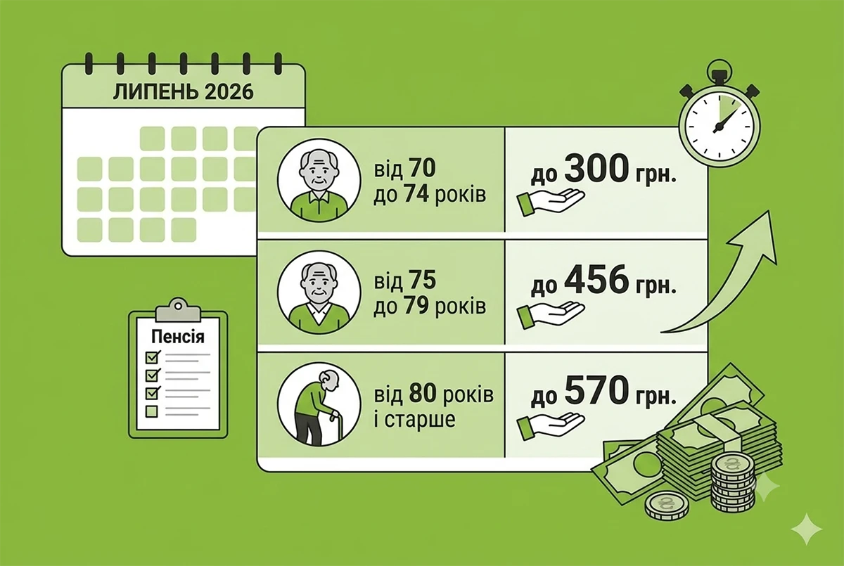 Пенсії у липні 2026: хто отримає доплати понад 500 гривень