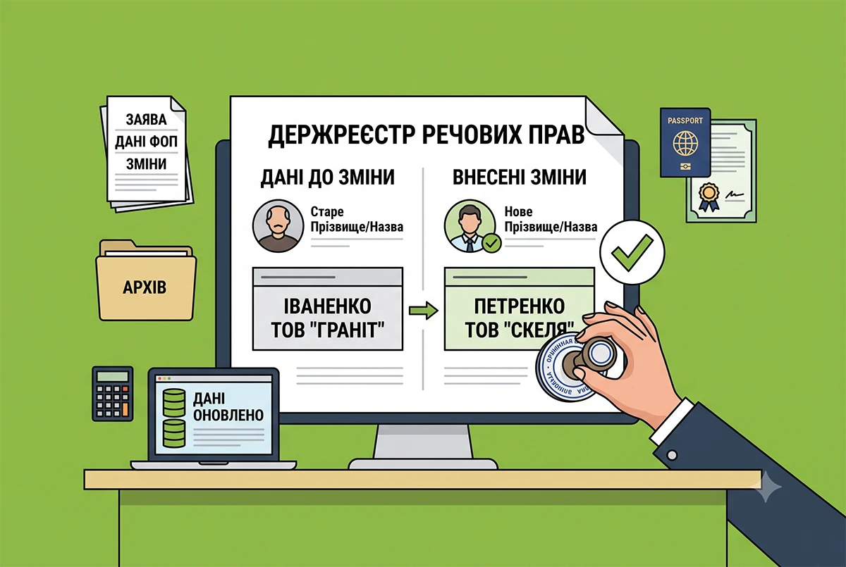 Зміни до Державного реєстру речових прав при зміні прізвища чи назви підприємства