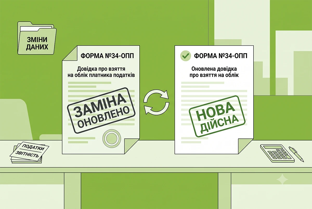 Заміна довідки про взяття на облік платника податків за ф. №34-ОПП