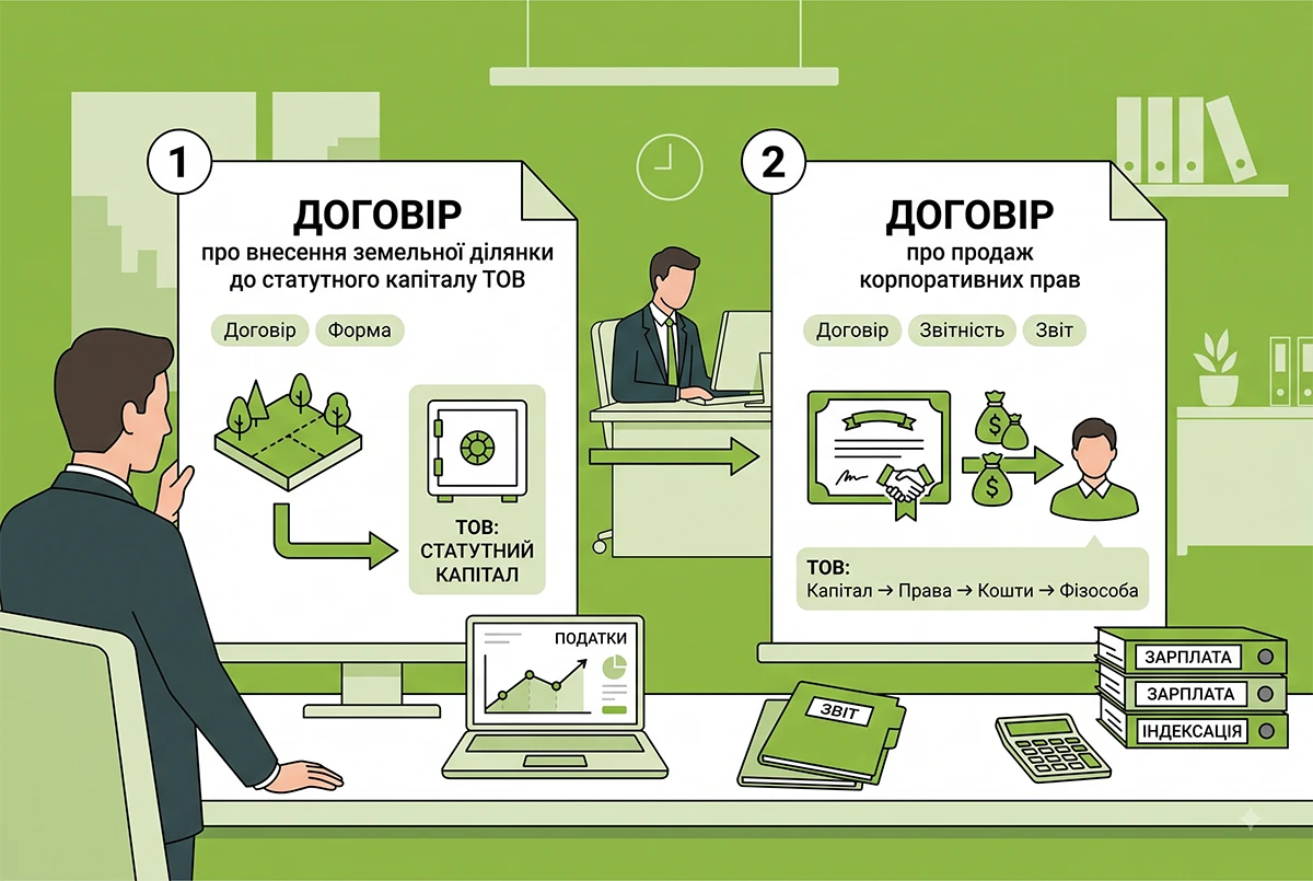 Земельна ділянка в обмін на частку в ТОВ у 2026 році: правові підстави, документальне оформлення та податки