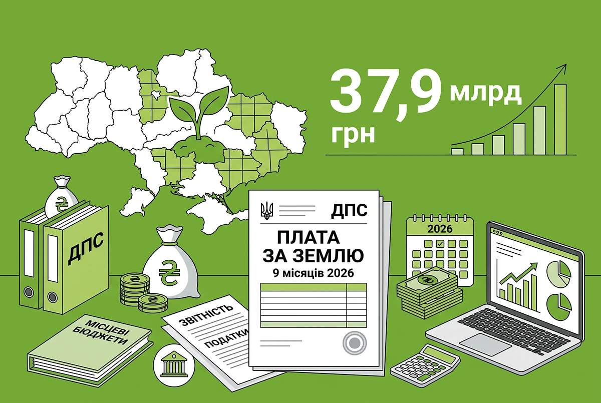 За 9 місяців 2026 року плата за землю поповнила місцеві бюджети на 37,9 млрд грн: дані ДПС