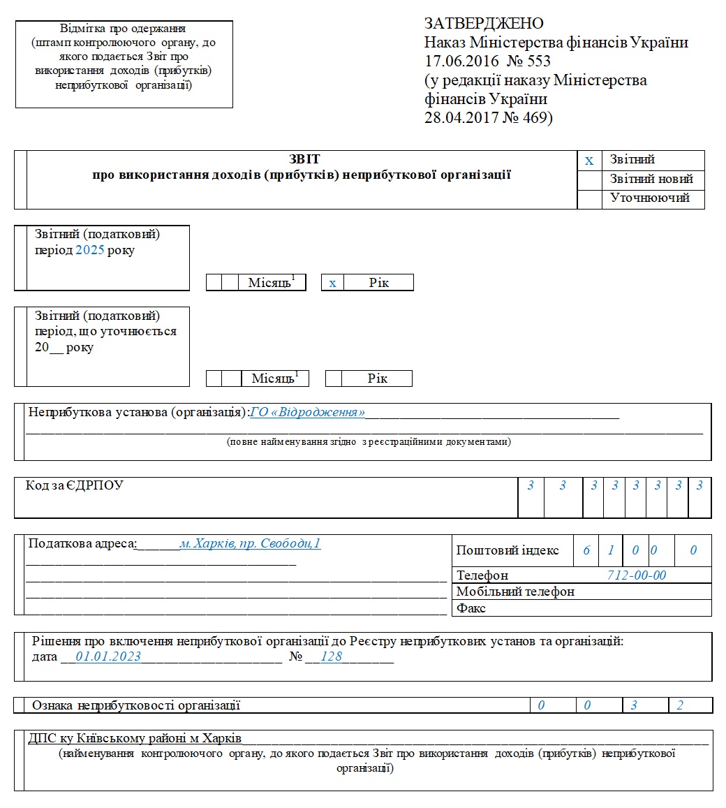 Зразок заповнення Звіту неприбуткової організації за 2025 рік