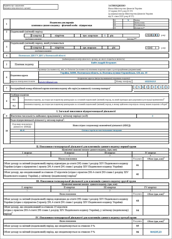 Декларація з єдиного податку ФОПа 3 групи за 2025 рік
