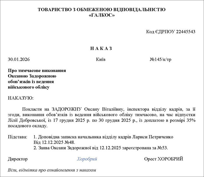 Наказ про тимчасове виконання обовязків з ведення ВО