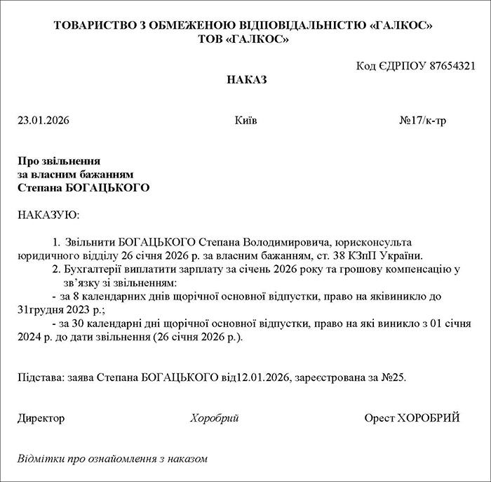 Наказ на звільнення за власним бажанням