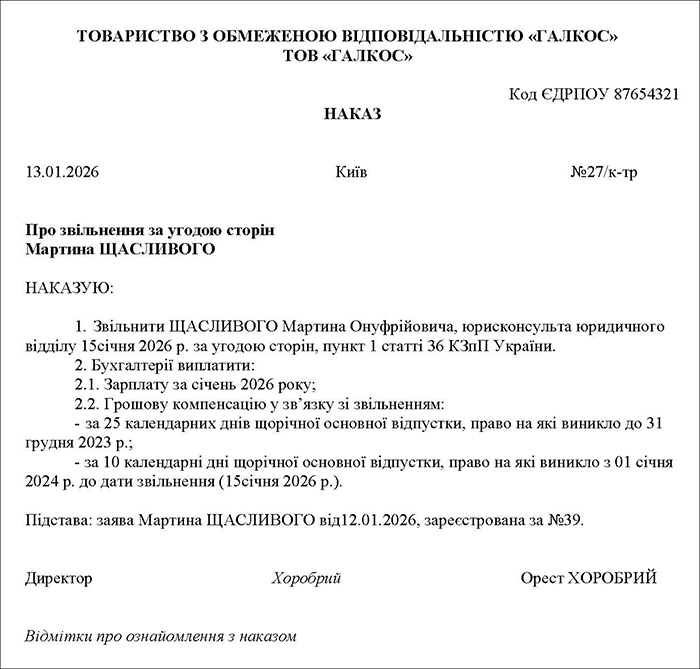 Наказ на звільнення за угодою сторін