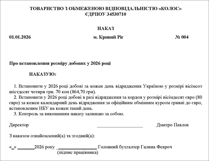 Наказ про встановлення розміру добових