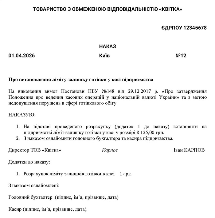 Наказ про затвердження ліміту каси