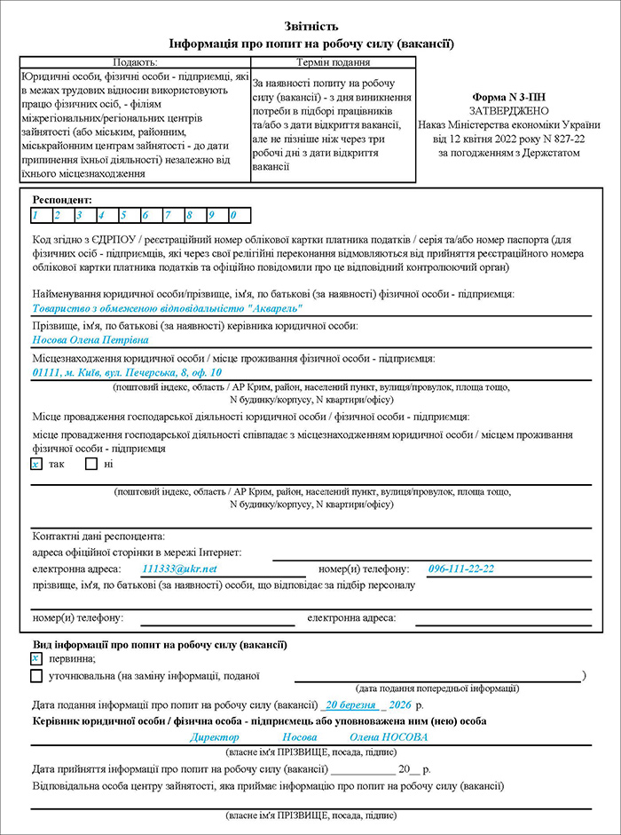 Інформації про попит на робочу силу (вакансії) (ф. №3-ПН)