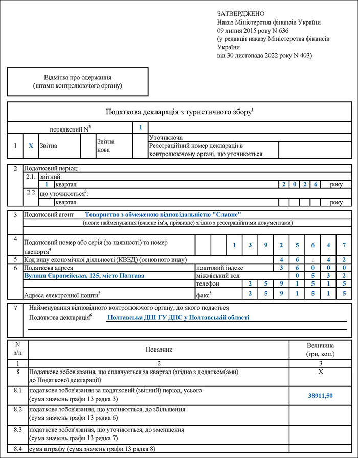 Декларація з туристичного збору за І квартал 2026 року