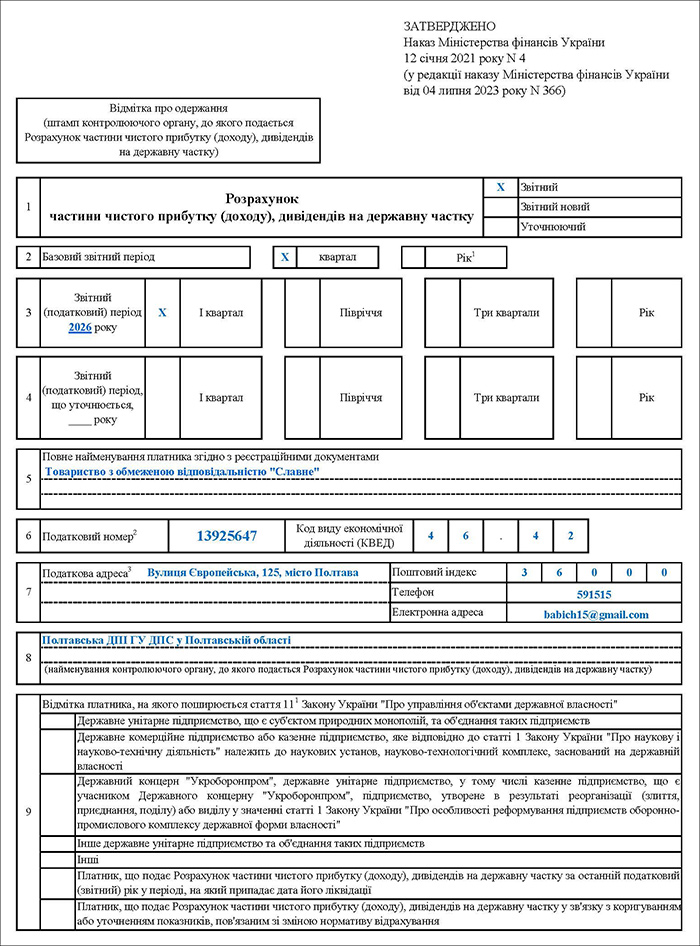 Розрахунок частини чистого прибутку (доходу), дивідендів на державну частку за 1 квартал 2026 року