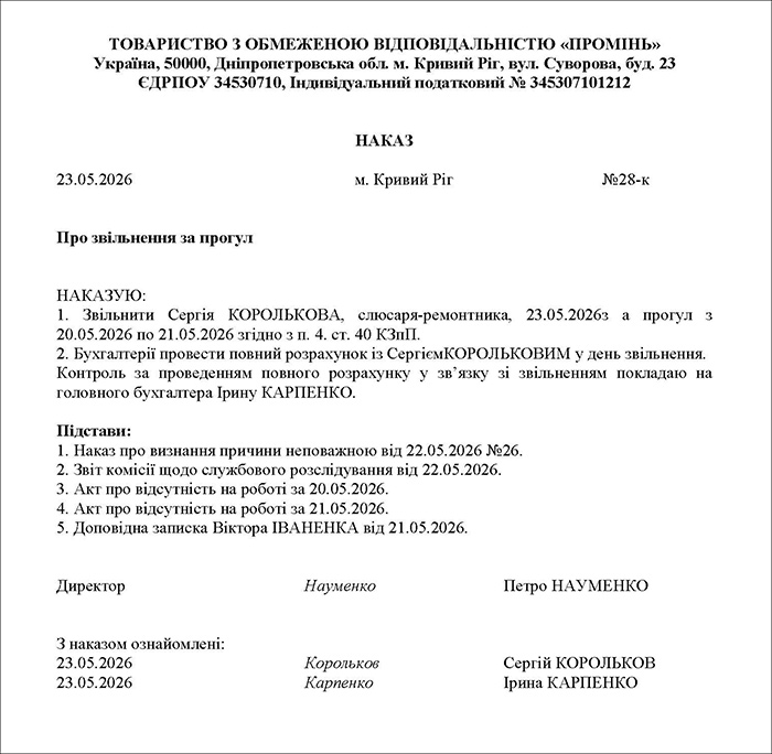 Наказ про звільнення за прогул