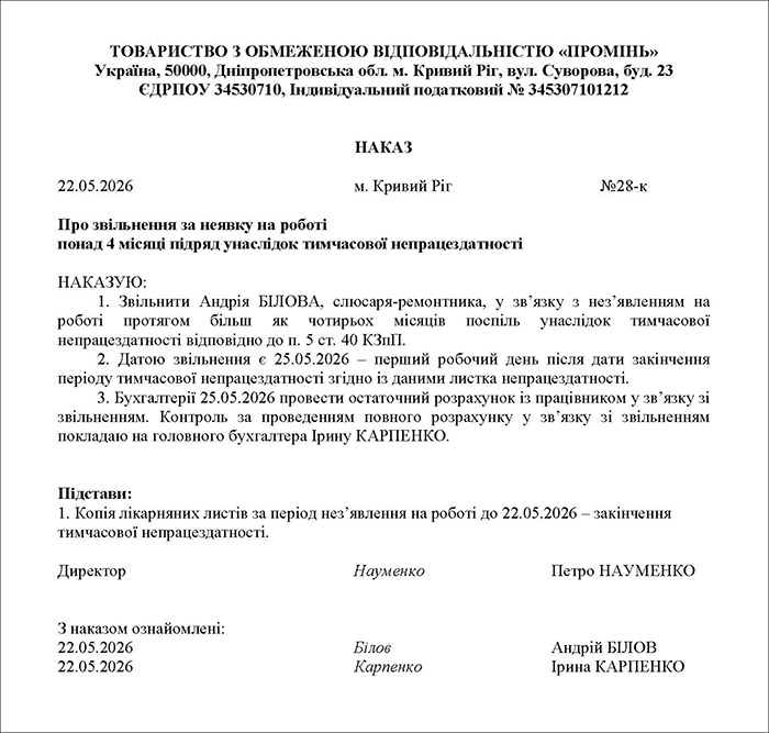 Наказ про звільнення через тривалу непрацездатність