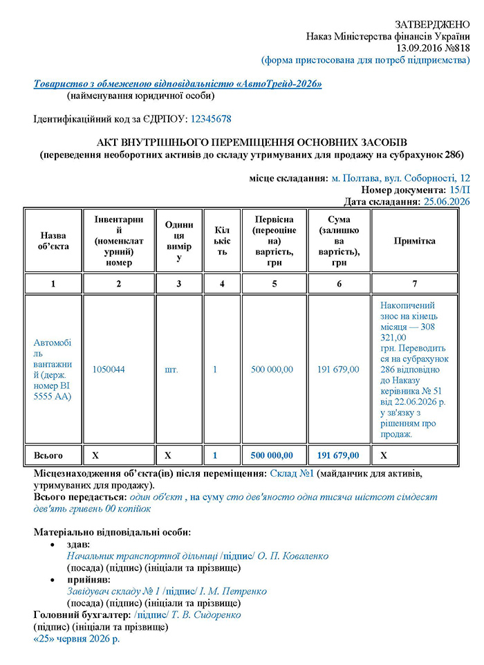 Акт внутрішнього переміщення основних засобів
