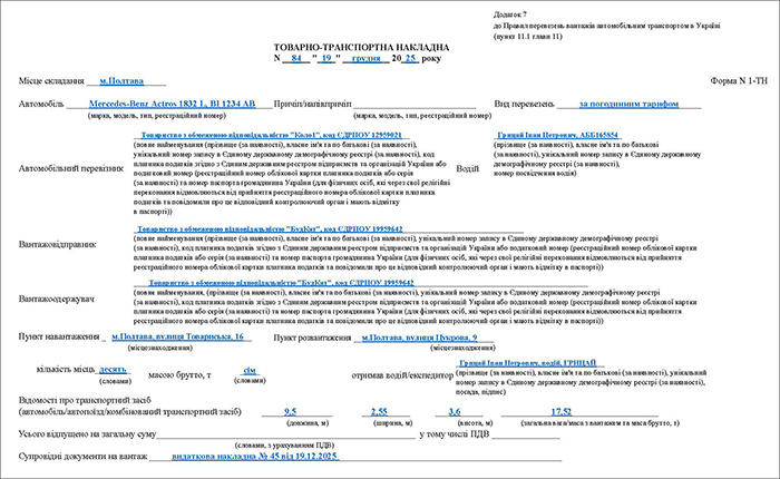 Зразок Товарно-транспортної накладної