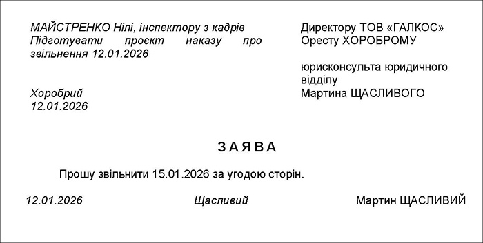 Зразок заяви на звільнення за угодою сторін