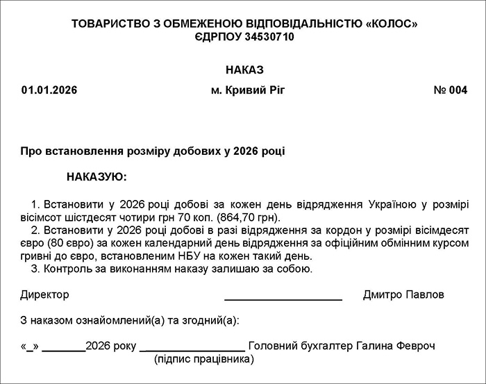 Наказ про встановлення розміру добових