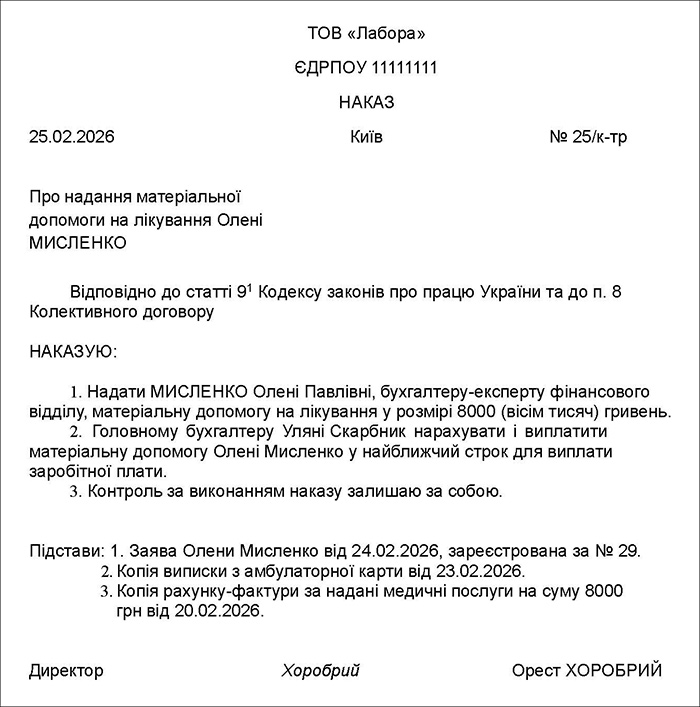 Наказ про призначення цільової матеріальної допомоги