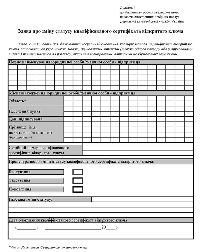 Заява про зміну статусу кваліфікованого сертифіката відкритого ключа (Додаток 4)