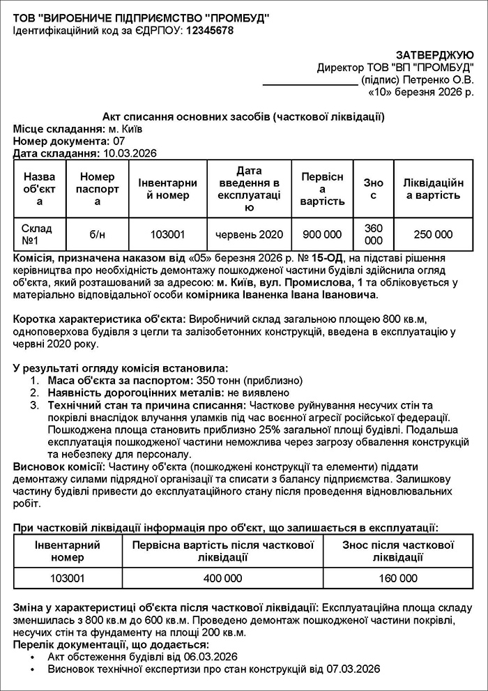 Акт списання основного засобу (часткової ліквідації)