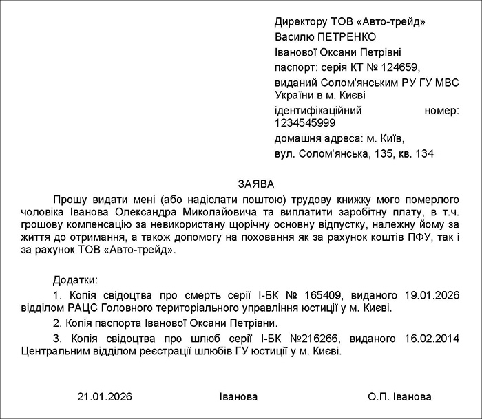 Заява на отримання трудової книжки та сум заробітної плати, у т.ч. компенсації за невикористану відпустку, належної померлому працівнику за життя, а також сум допомоги на поховання