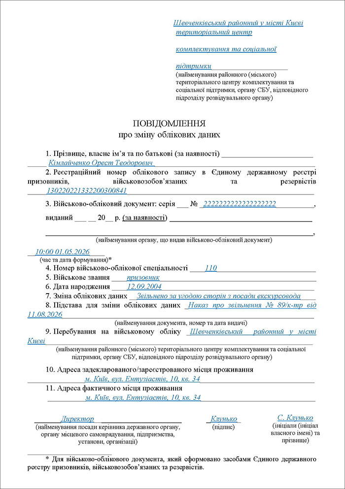Повідомлення ТЦК про звільнення працівника з роботи