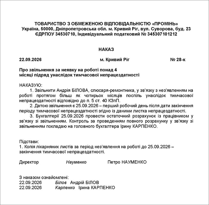 Наказ про звільнення через тривалу непрацездатність