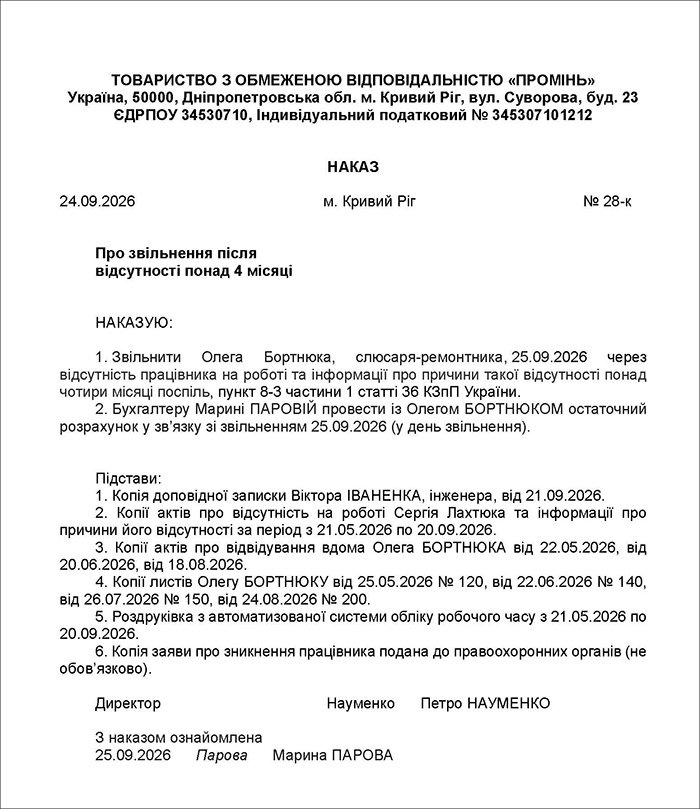 Наказ про звільнення після 4 місяців відсутності зв’язку