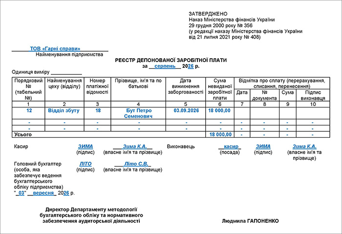 Зразок 2. Реєстр депонованих сум