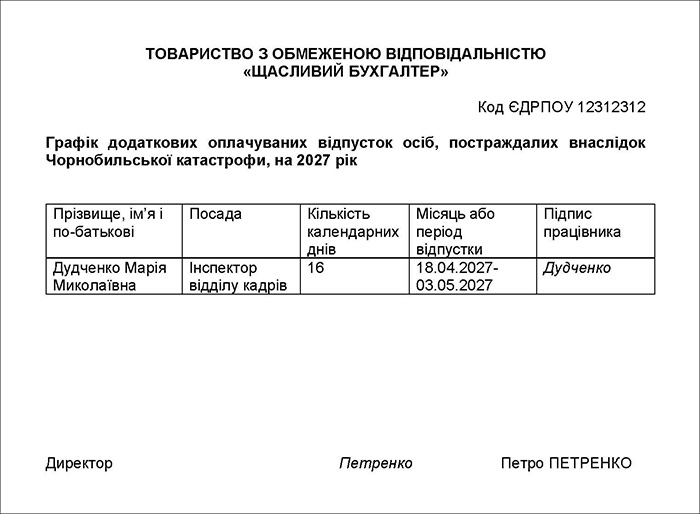 Зразок графіка відпусток
