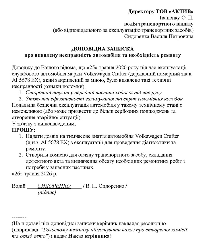 Доповідна записка про необхідність ремонту автомобіля