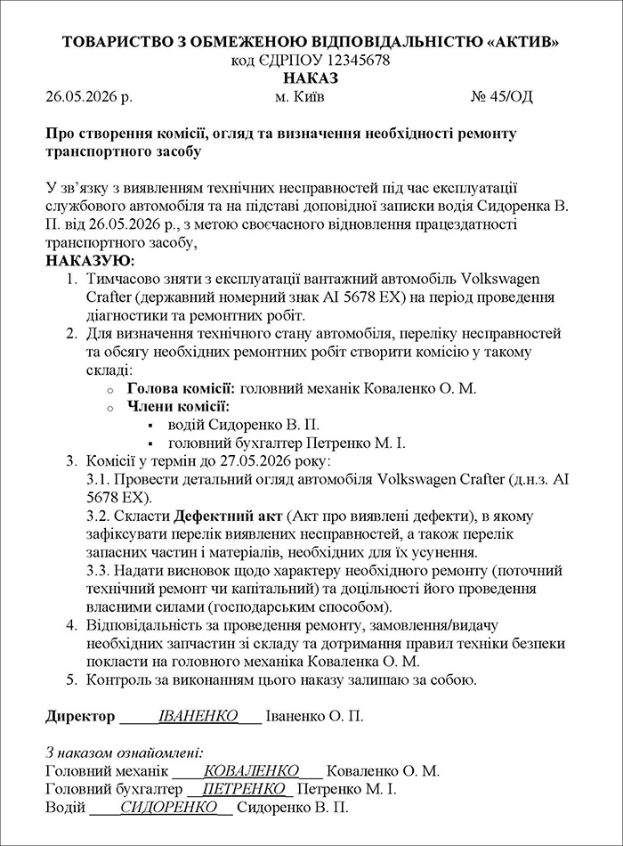 Наказ керівника про призначення комісії для визначення необхідності ремонту