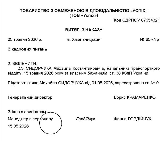 Витяг зі зведеного кадрового наказу