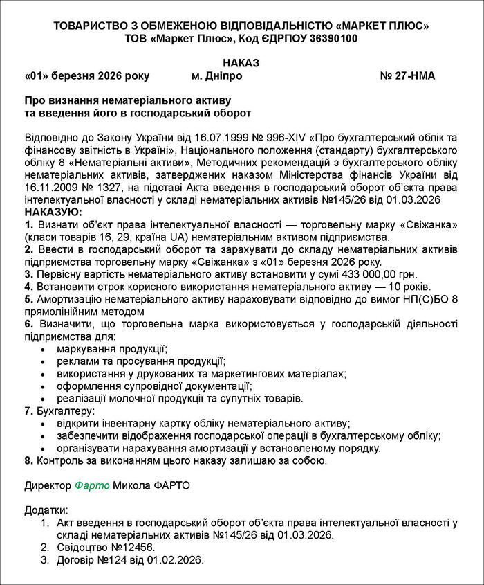 Наказ про визнання НМА активом і введення його в господарський оборот