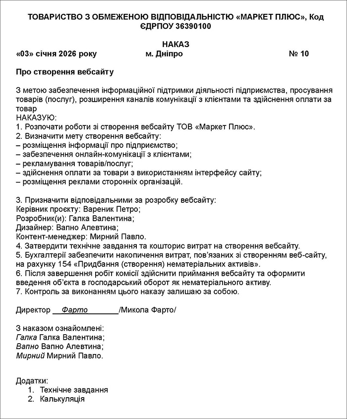 Наказ про створення вебсайту