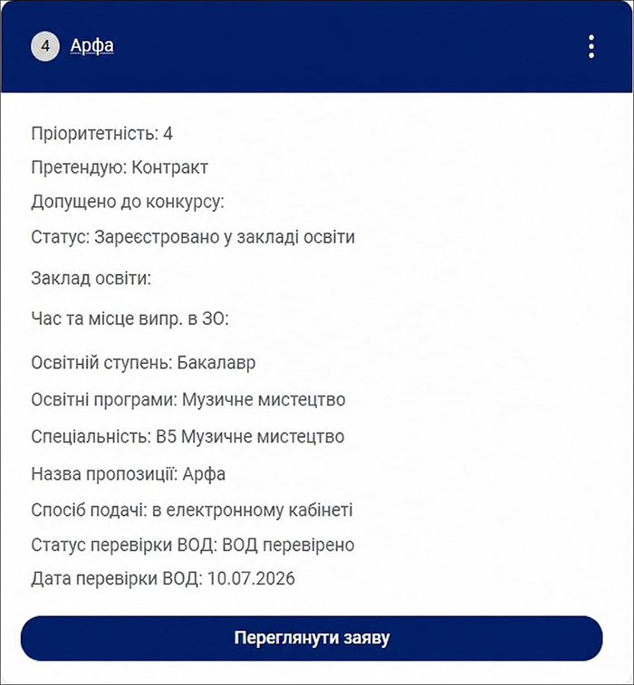 Заява вступника через електронний кабінет