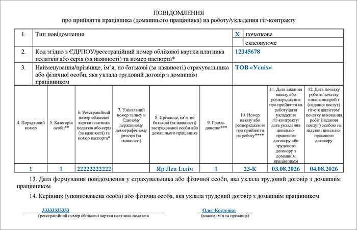 Повідомлення про прийняття працівника за основним місцем роботи