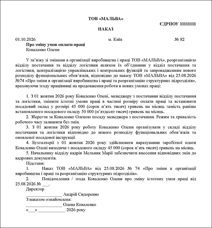 Наказ про зміну умов праці
