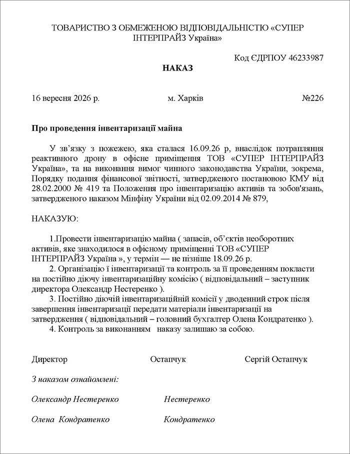 Наказ про проведення інвентаризації майна