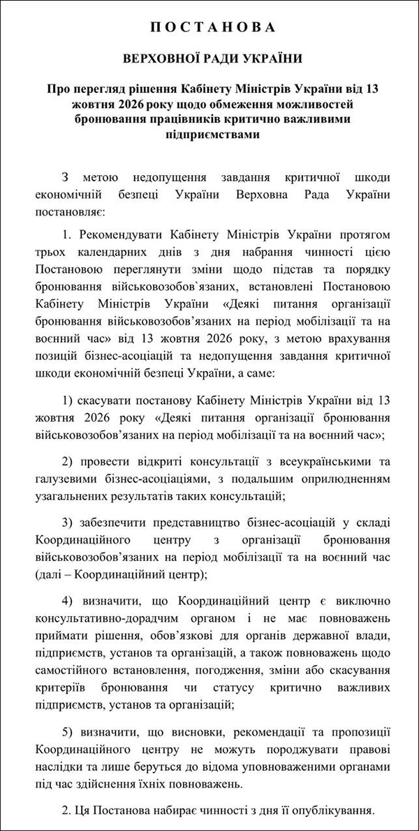Поставнова ВРУ про бронювання