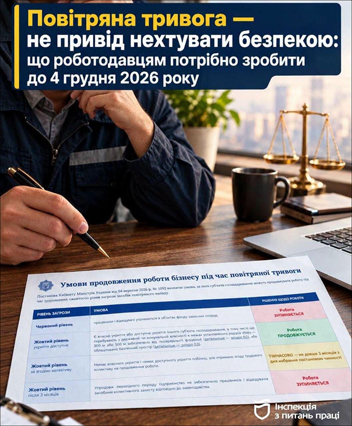 Повітряна тривога &ndash; не привід нехтувати безпекою: що роботодавцям потрібно зробити до 4 грудня 2026 року (Слайд 1)