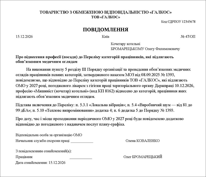 Повідомлення працівнику про віднесення професії (посади) до Переліку