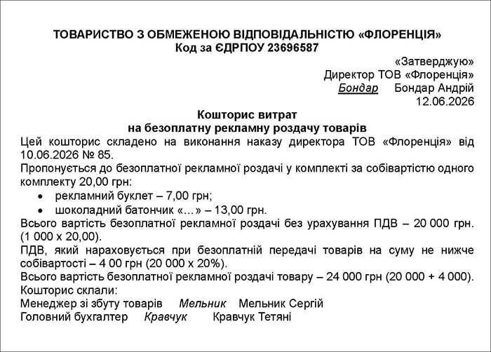 Кошторис витрат на рекламну роздачу товарів