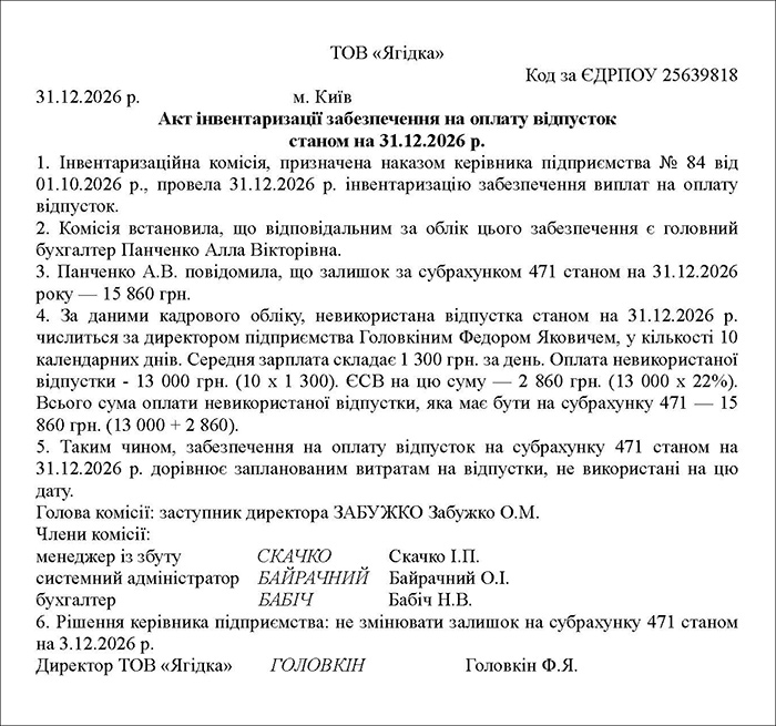 Акт інвентаризації забезпечення на оплату відпусток
